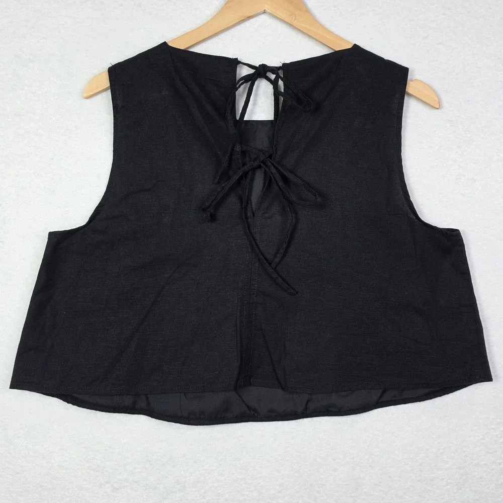 Kourt Womens Large Black Linen Blend Cropped Lace Up Back Tank Top